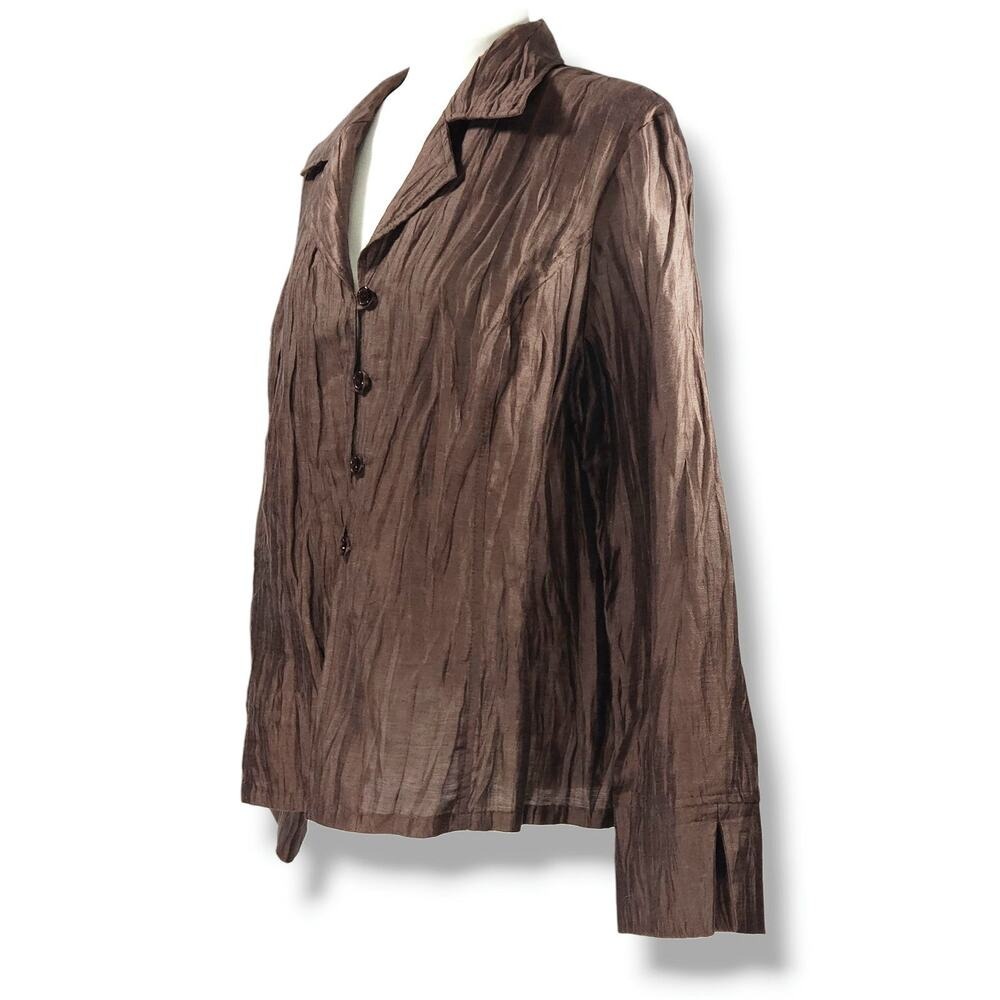 Louben Crinkle Button Front Blouse Collared‎ Long Sleeve Brown Quiet Luxury 16